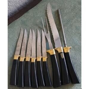 Regent Sheffield Stainless Vintage Steak Knife Set England 24k Gold Black & MORE